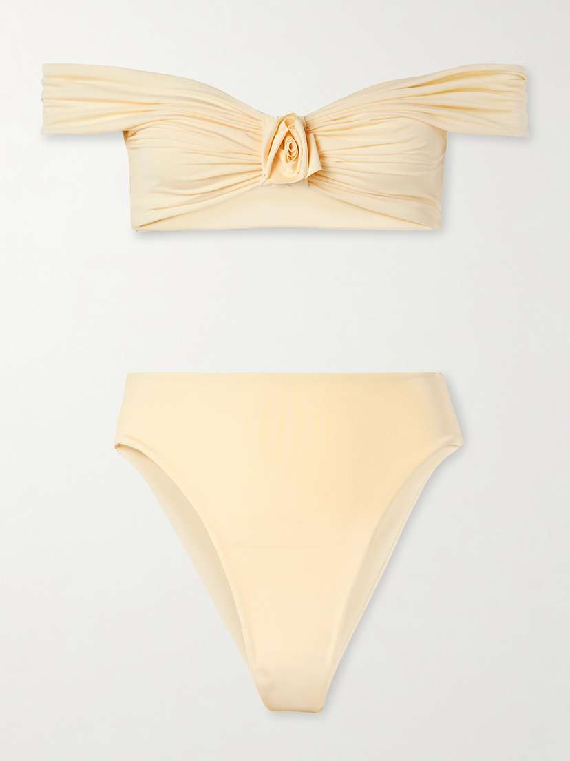 Maygel Coronel Sauco Off-the-shoulder Appliquéd Ruched Bikini