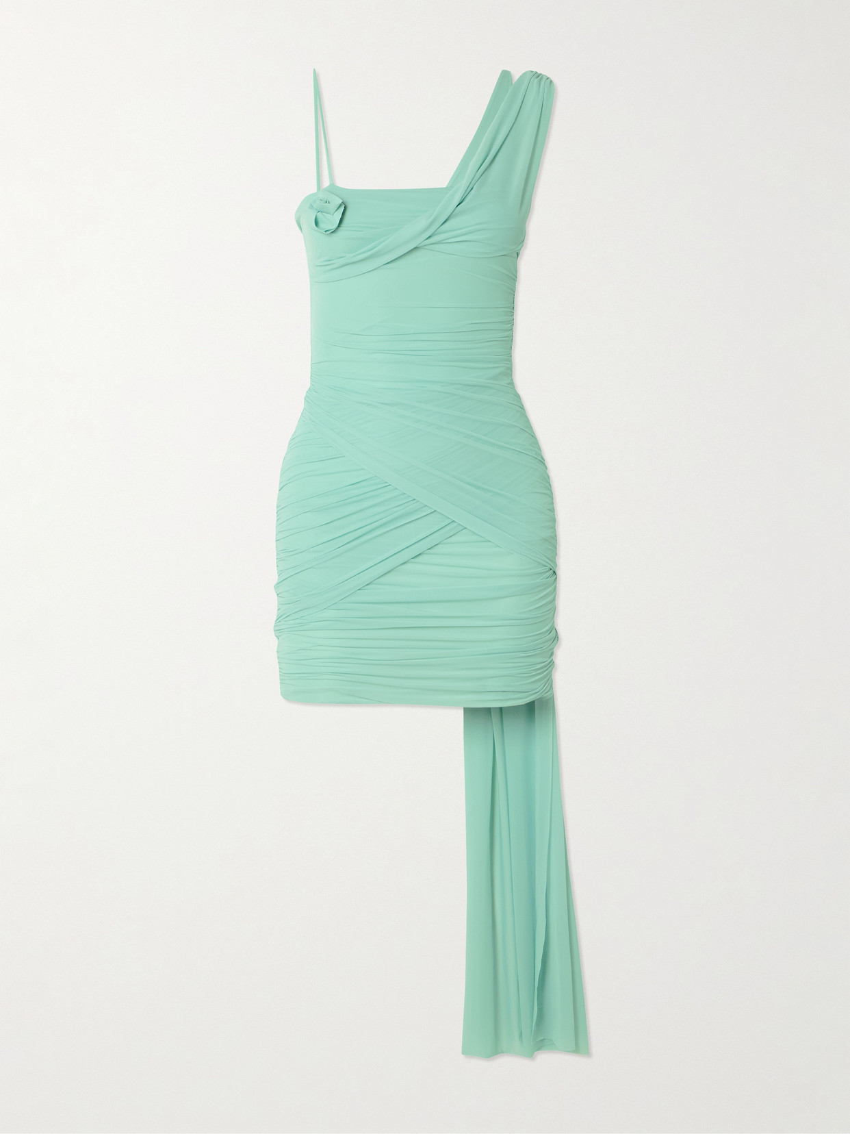 Maygel Coronel Hilvan Appliquéd Draped Ruched Stretch-jersey Mini Dress In Green
