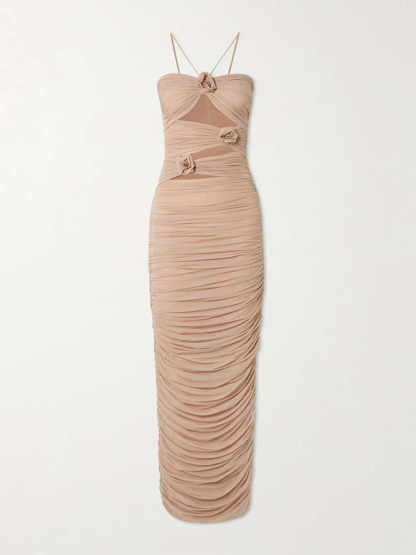 Maygel Coronel Veranera Appliquéd Ruched Cutout Stretch-jersey Halterneck Maxi Dress