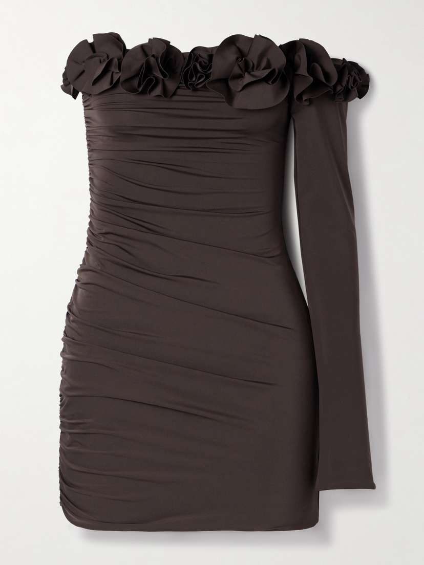 Maygel Coronel Selvaggio One-sleeve Appliquéd Ruched Stretch-jersey Mini Dress