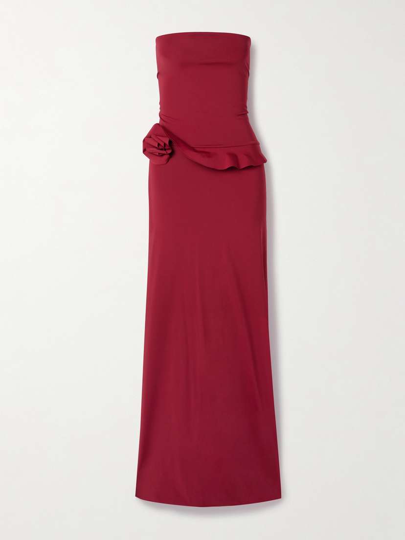 Maygel Coronel Caracola Strapless Appliquéd Stretch-jersey Maxi Dress
