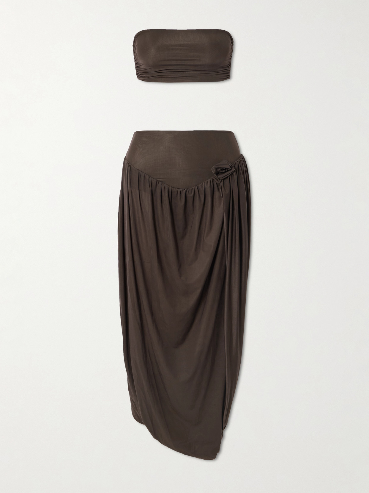 Maygel Coronel Noriega Strapless Twisted Draped Stretch-jersey Bandeau And Skirt Set In Brown