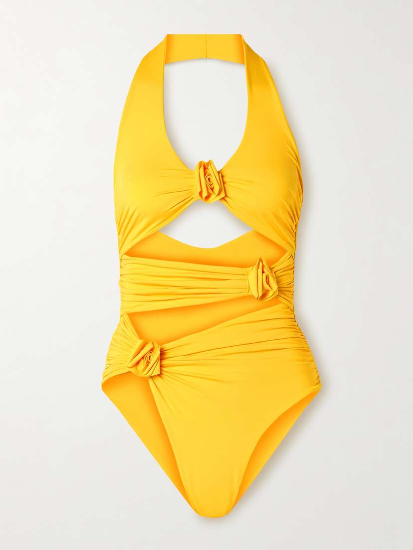 Maygel Coronel Cipria Cutout Appliquéd Ruched Swimsuit