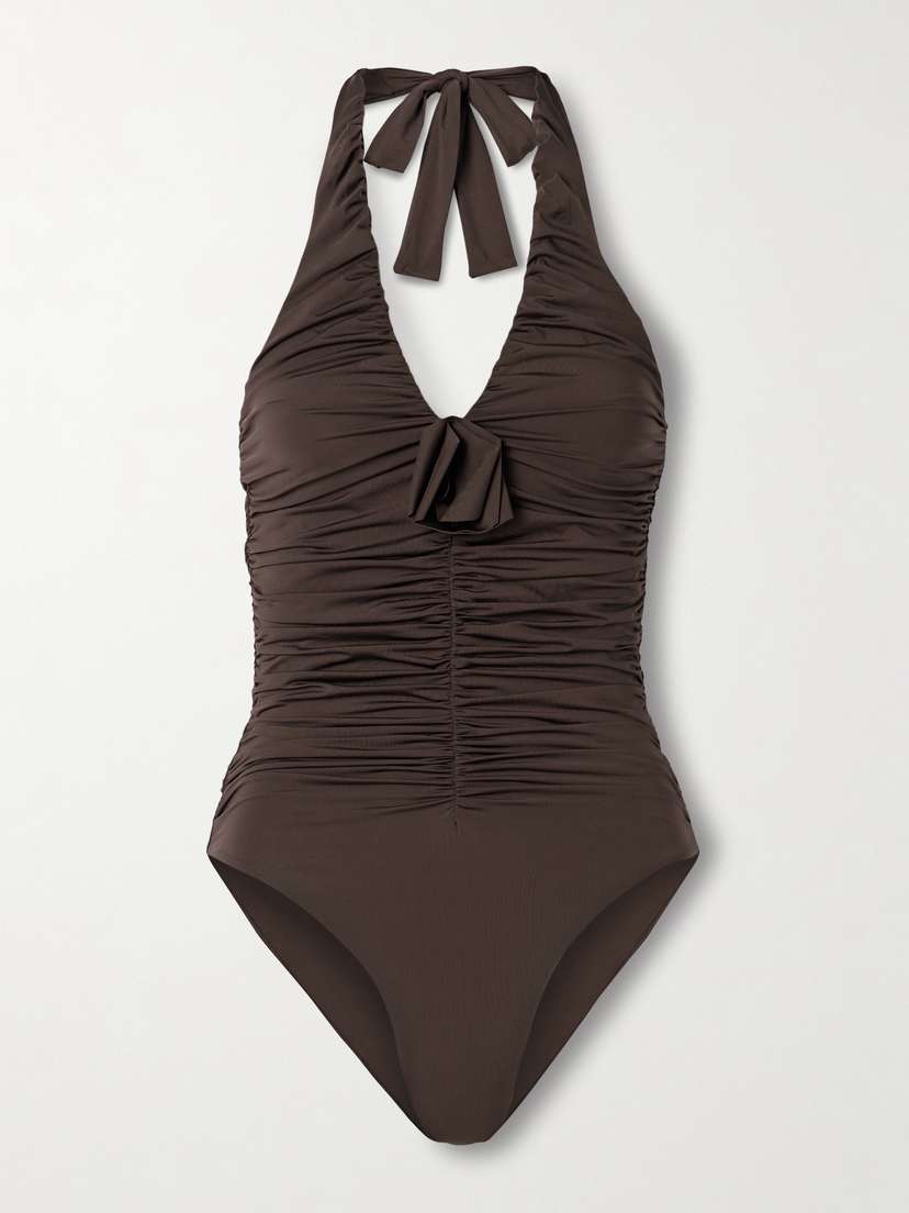 Maygel Coronel Yojaira Appliquéd Ruched Halterneck Swimsuit