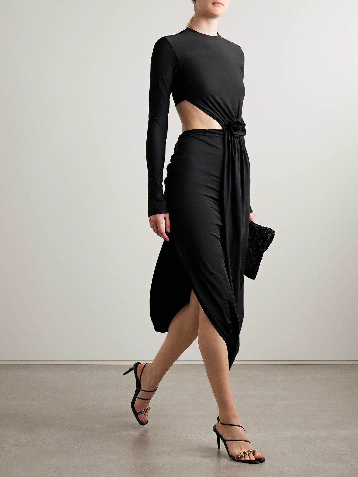 Maygel Coronel Damasco Appliquéd Cutout Stretch-jersey Midi Dress In Black