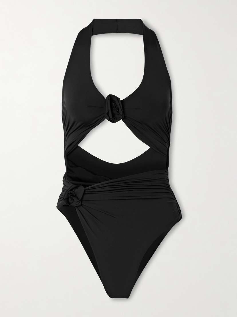 Maygel Coronel Cipria Cutout Appliquéd Ruched Swimsuit