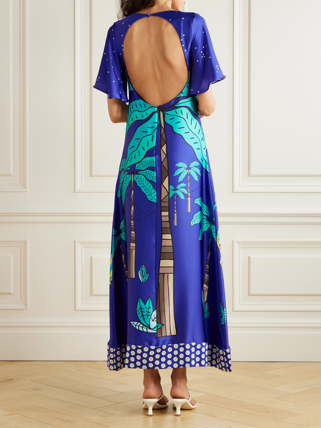 Cristiano Marcheli Brigitte Open-back Printed Silk-satin Maxi Dress In Blue
