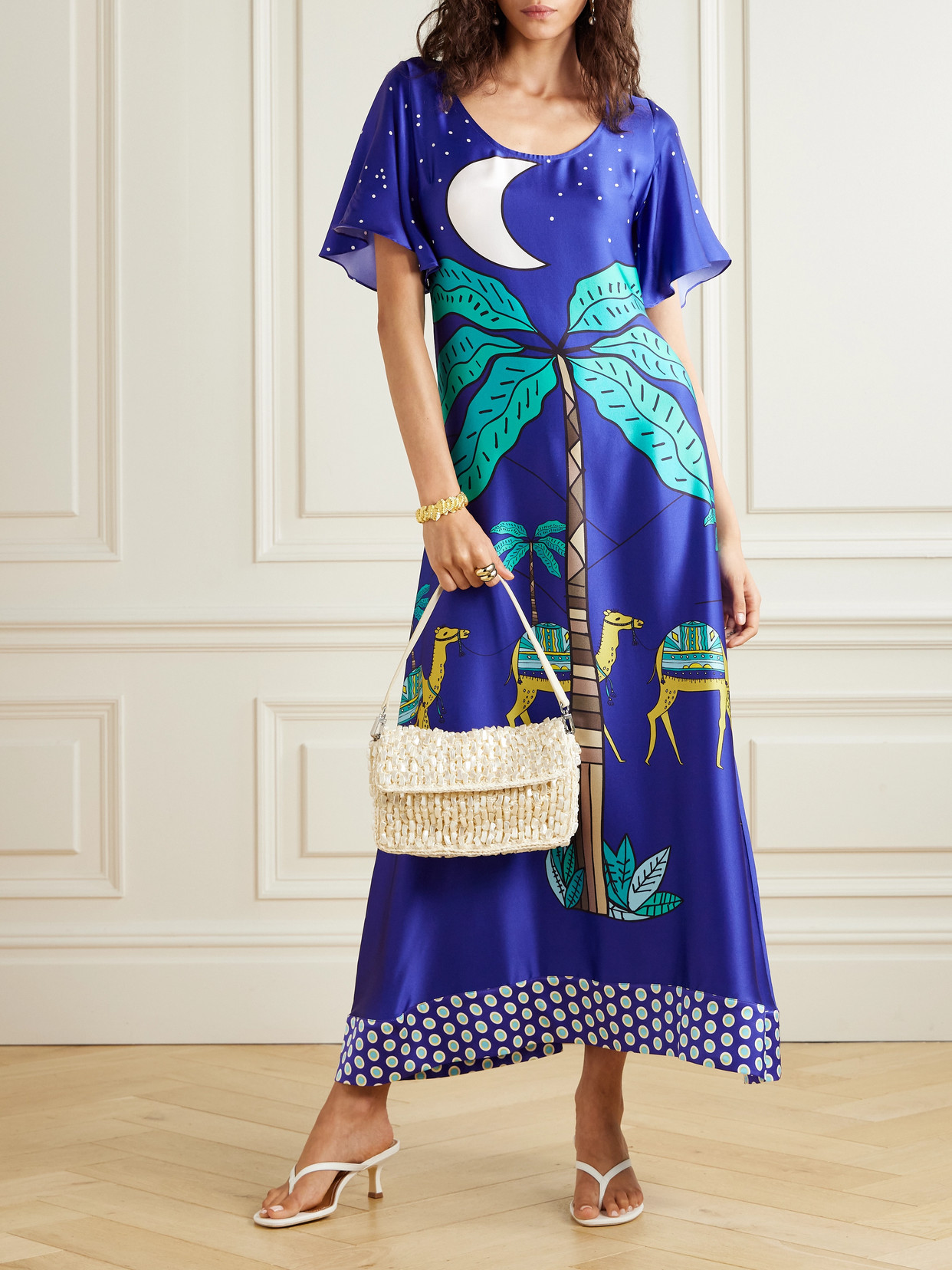Cristiano Marcheli Brigitte Open-back Printed Silk-satin Maxi Dress In Blue