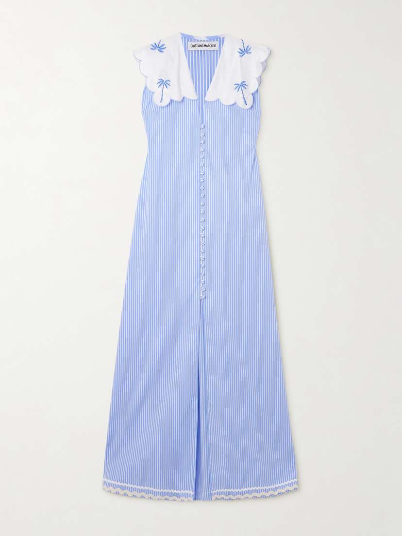 Cristiano Marcheli Isabella Embroidered Silk Dupioni-trimmed Striped Cotton-poplin Maxi Dress