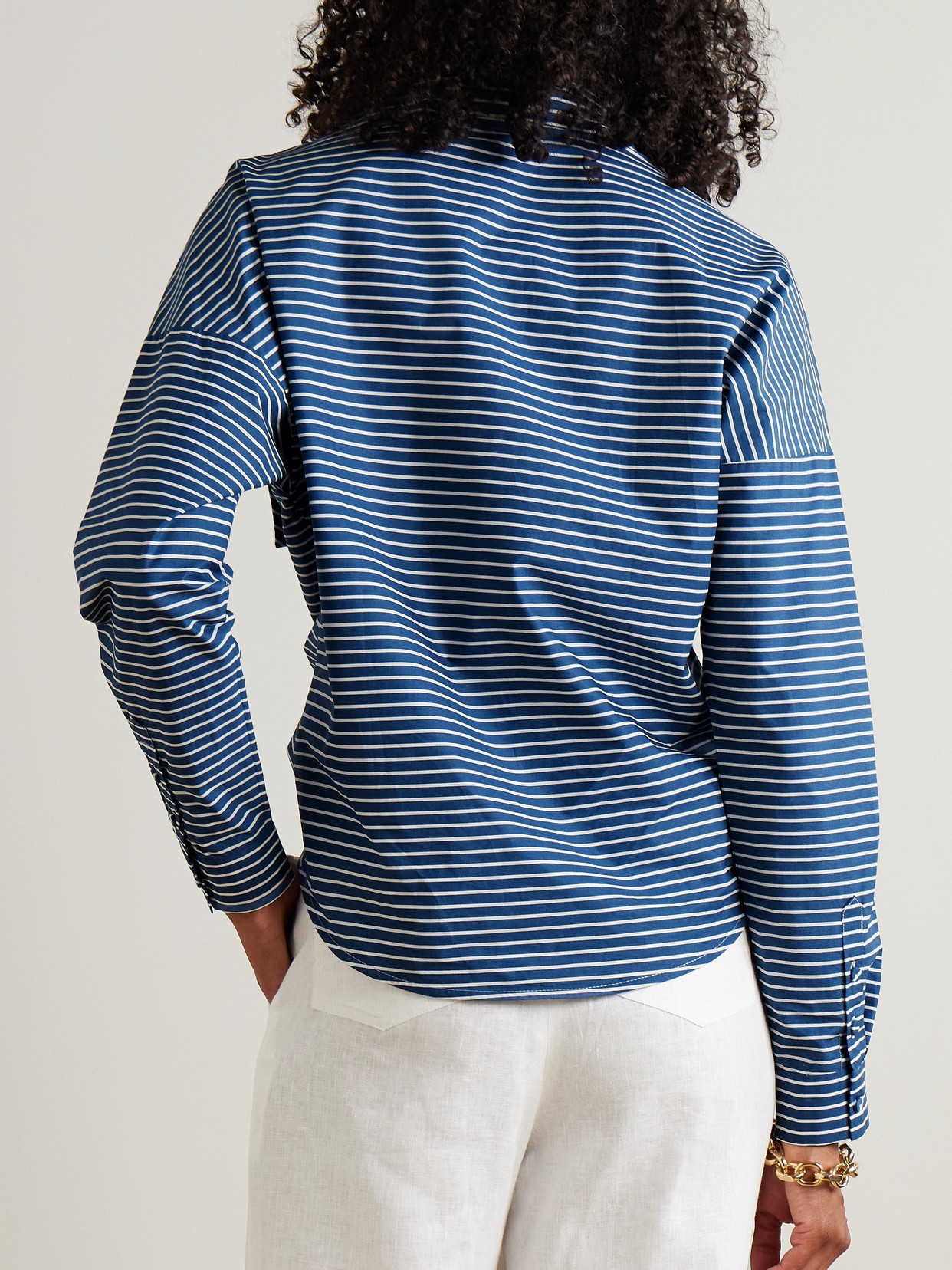 Andres Otalora Ilusion Tie-detailed Striped Cotton-voile Shirt In Blue