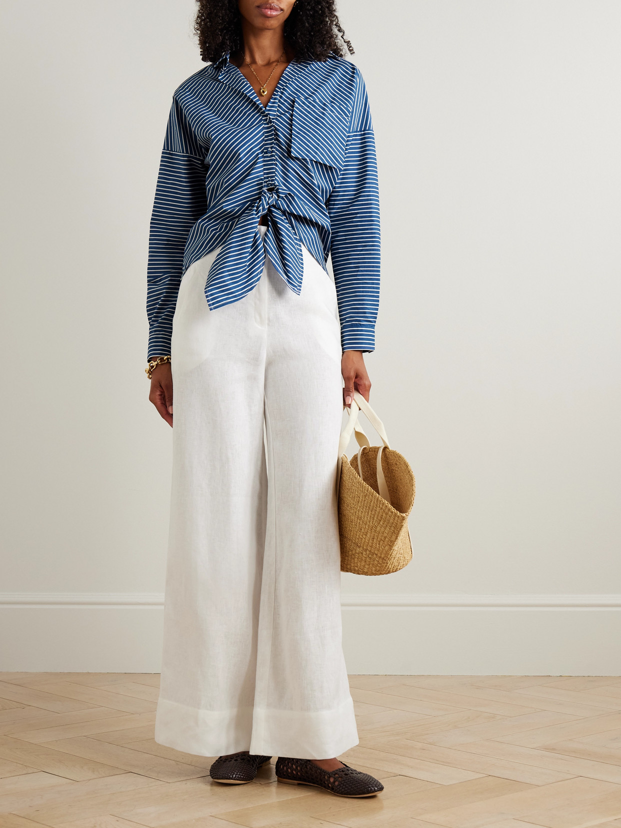 Andres Otalora Ilusion Tie-detailed Striped Cotton-voile Shirt In Blue