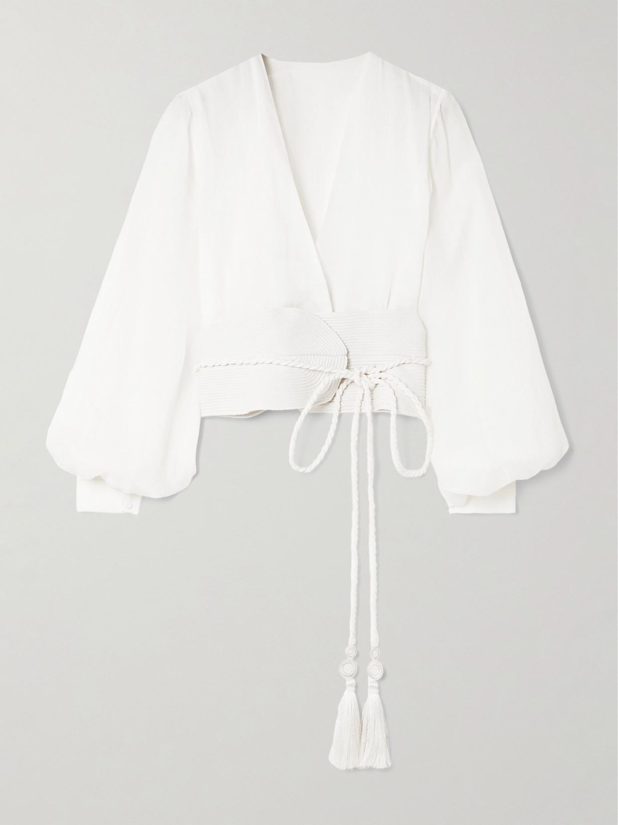 Andres Otalora - La Costa Braid-trimmed Belted Linen Blouse - White