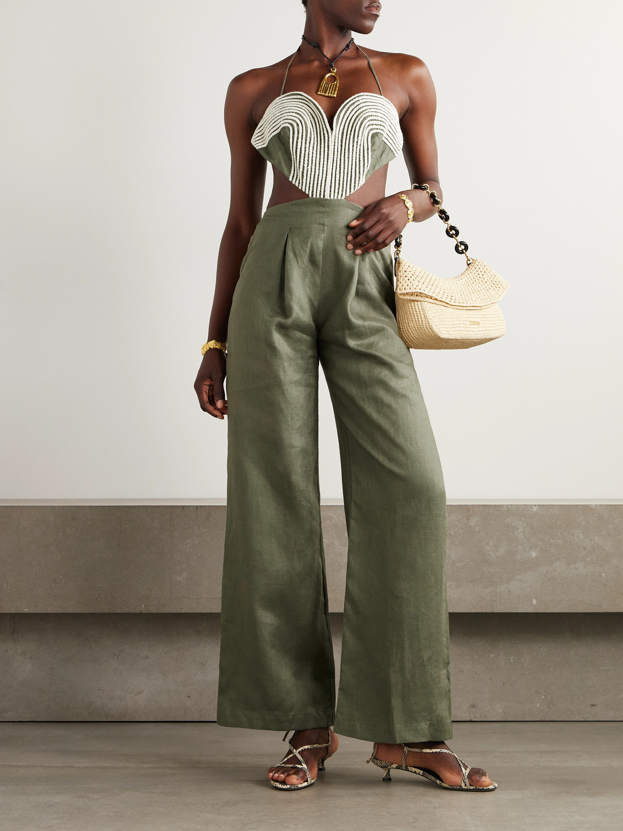 Andres Otalora Zinnia Cutout Embroidered Linen Jumpsuit