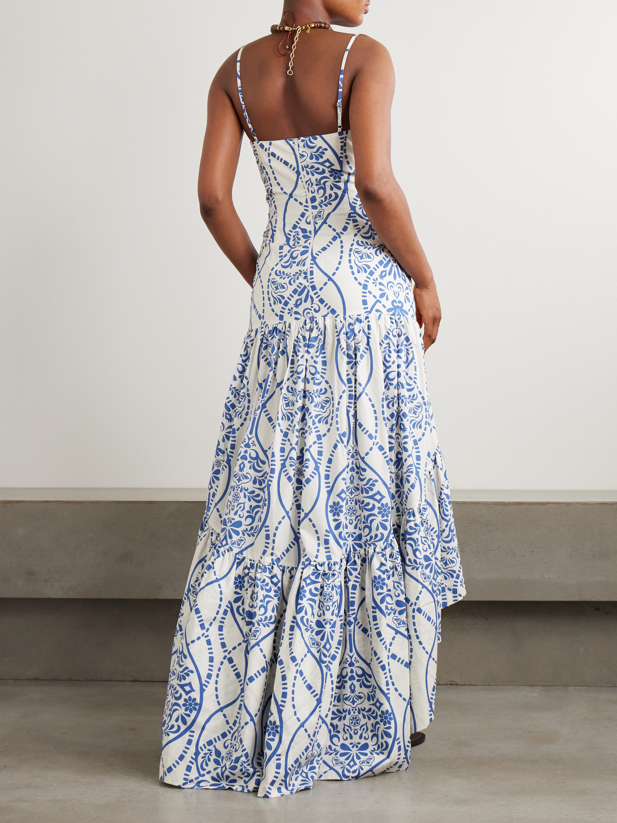 Andres Otalora Joyah Colonial Printed Tiered Asymmetric Maxi Dress In Blue