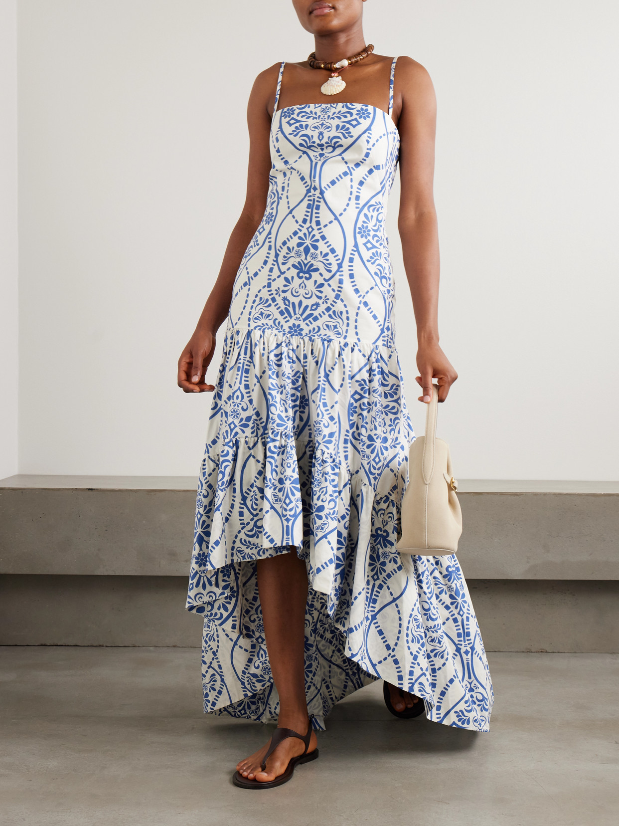 Andres Otalora Joyah Colonial Printed Tiered Asymmetric Maxi Dress In Blue