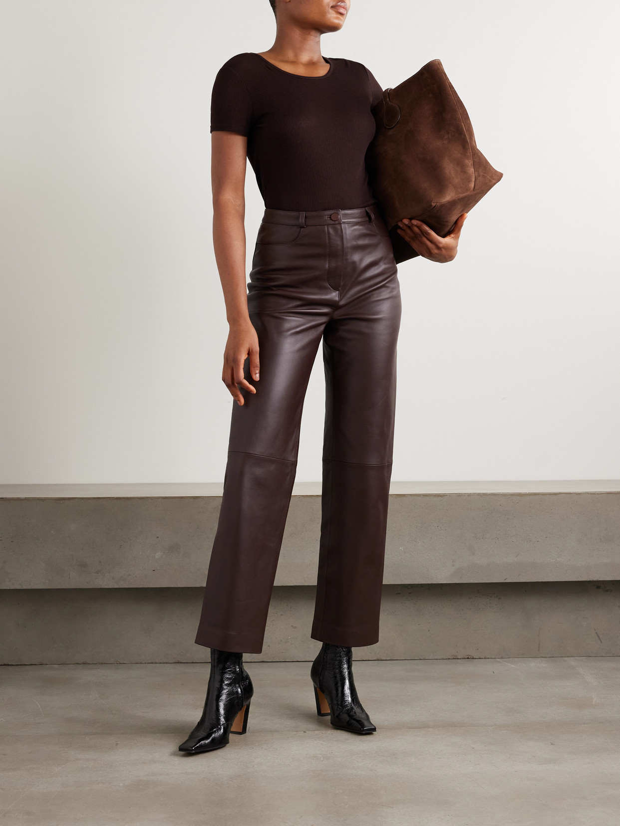 Loulou De Saison Cobe Paneled Leather Straight-leg Pants In Brown