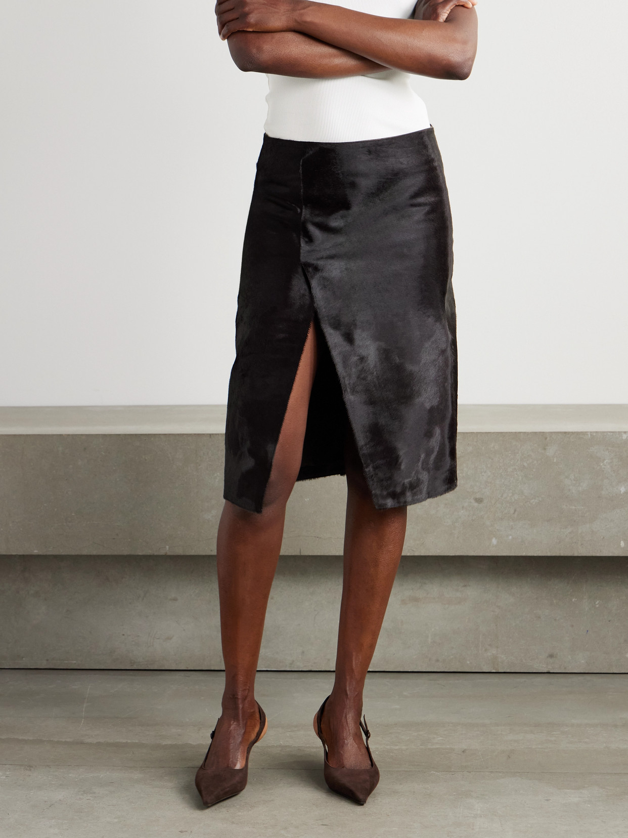 Loulou De Saison Myra Wrap-effect Calf Hair Midi Skirt In Black