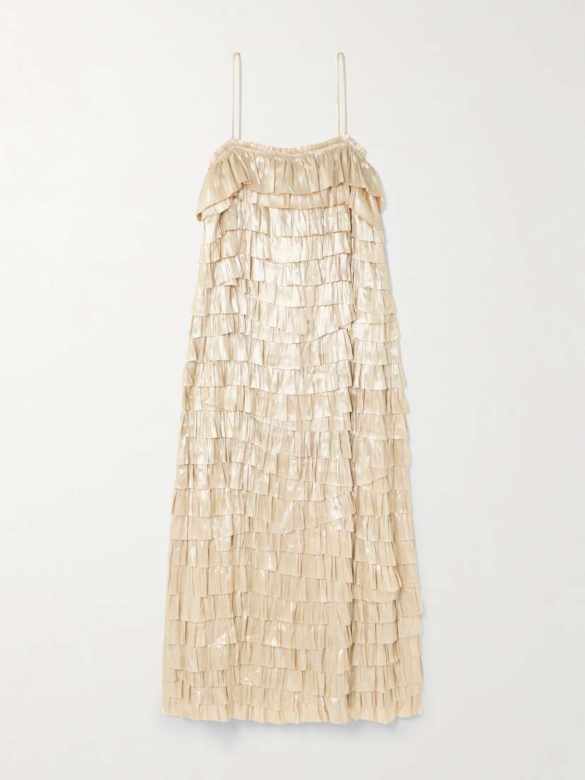 Ulla Johnson Samara Tiered Metallic Recycled Plissé-satin Midi Dress