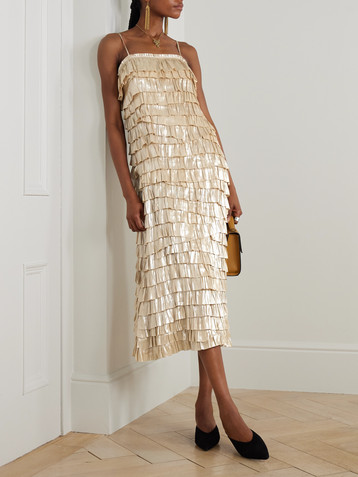 Ulla Johnson Samara tiered metallic recycled plissé-satin midi dress