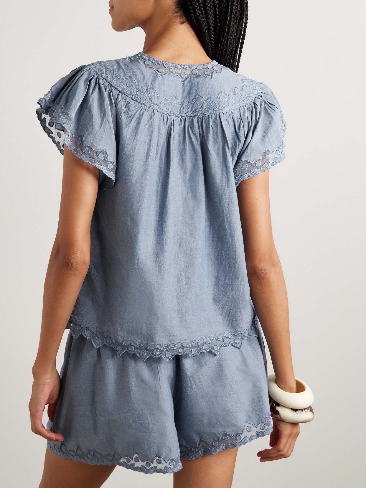 Ulla Johnson Effie Embroidered Mesh-trimmed Cotton-chambray Blouse In Blue