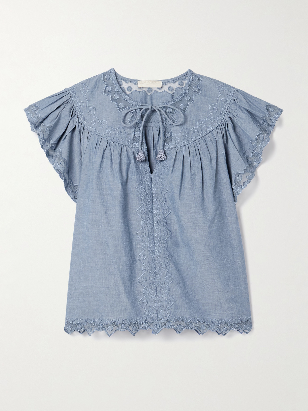 Ulla Johnson Effie Embroidered Mesh-trimmed Cotton-chambray Blouse In Blue