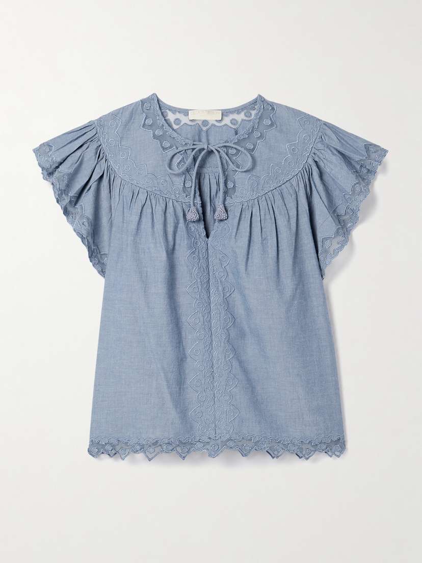 Ulla Johnson Effie Embroidered Mesh-trimmed Cotton-chambray Blouse