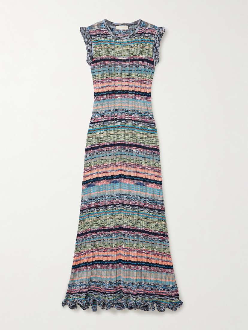 Ulla Johnson Ajak Ruffled Striped Ribbed-knit Midi Dress