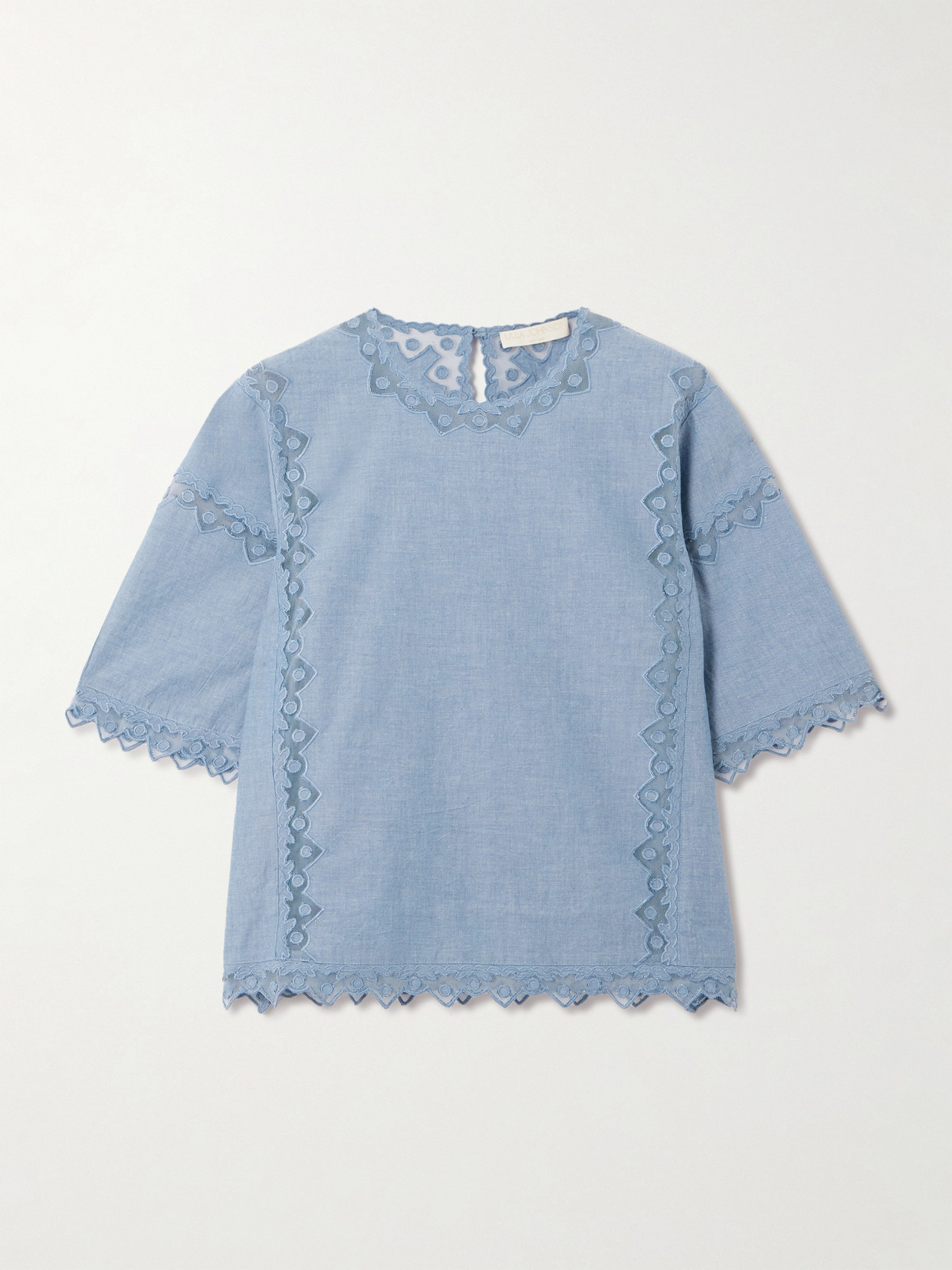 Ulla Johnson Kai Embroidered Tulle-trimmed Cotton-chambray Blouse In Blue