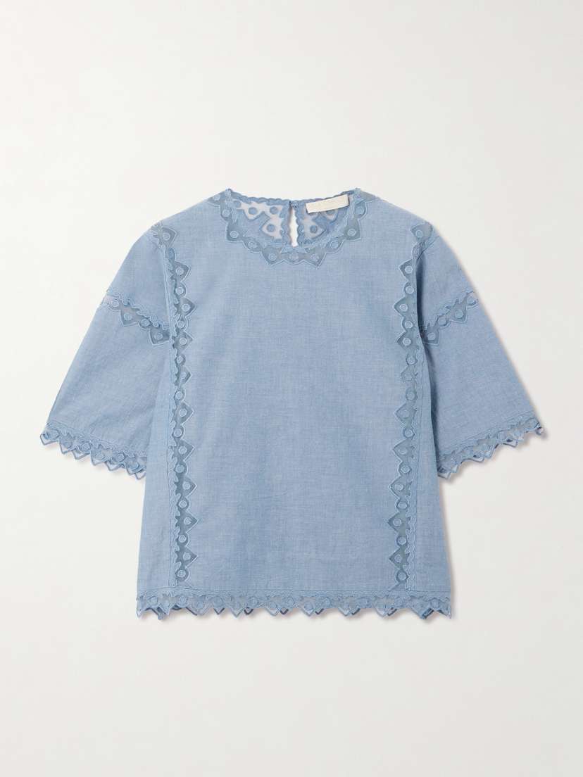 Ulla Johnson Kai Embroidered Tulle-trimmed Cotton-chambray Blouse