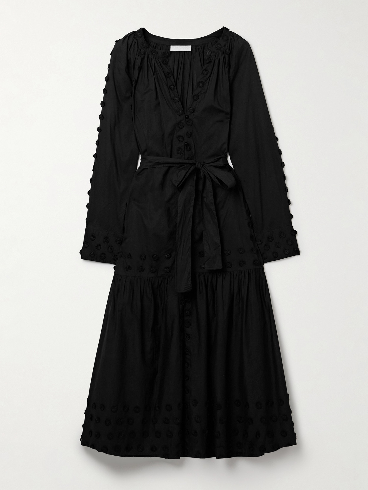 Ulla Johnson Emera Belted Appliquéd Cotton-voile Midi Dress In Black