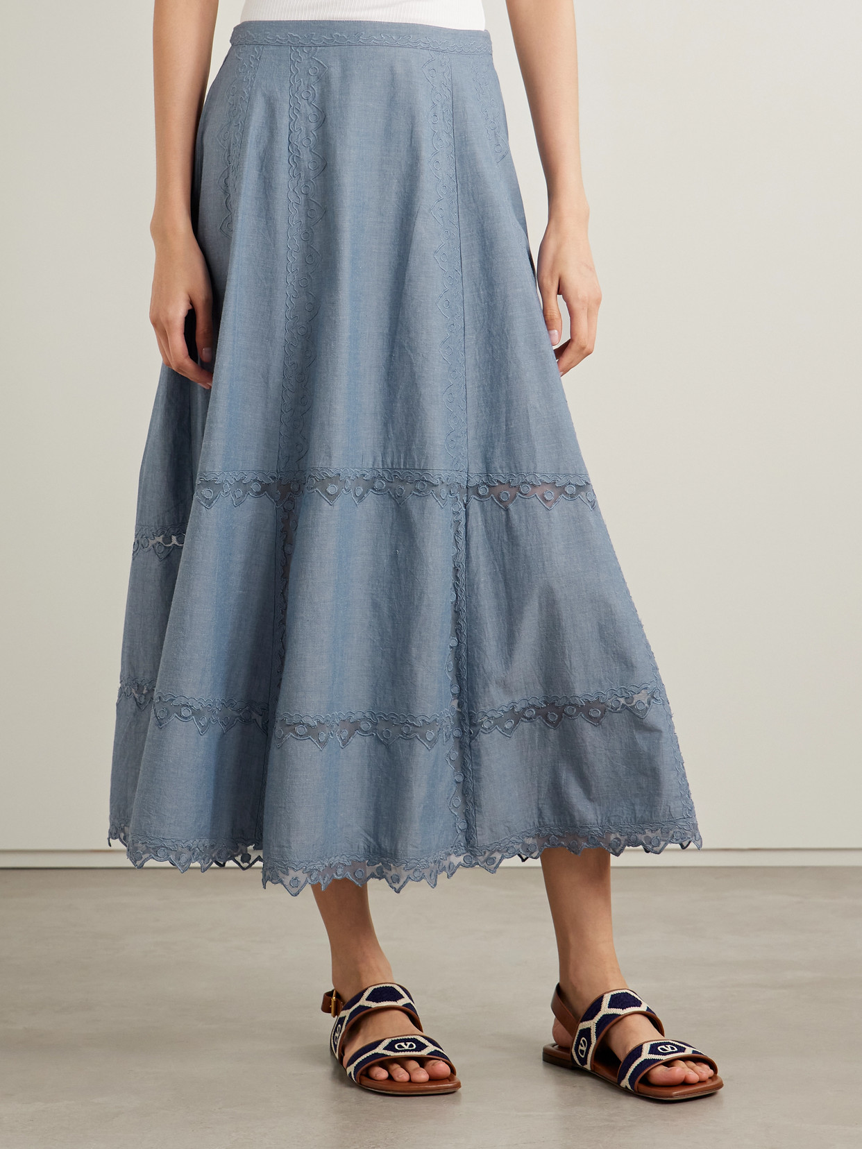 Ulla Johnson Lucia Embroidered Mesh-trimmed Cotton-chambray Midi Skirt In Blue