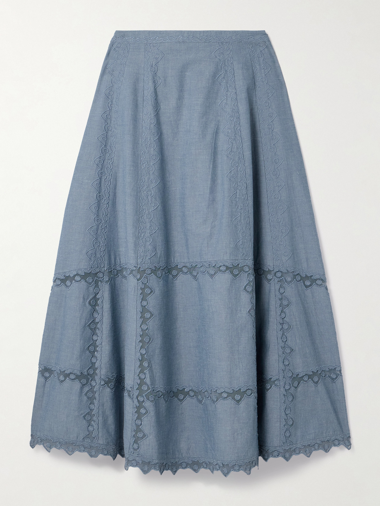 Ulla Johnson Lucia Embroidered Mesh-trimmed Cotton-chambray Midi Skirt In Blue