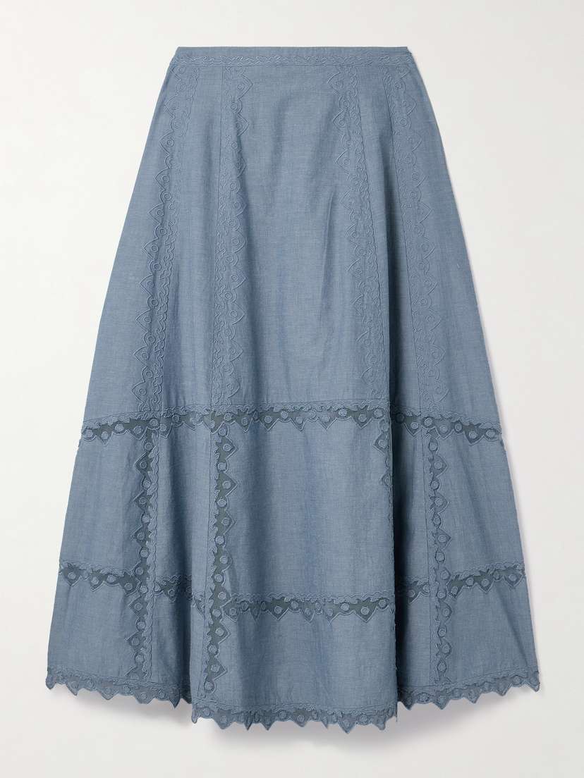 Ulla Johnson Lucia Embroidered Mesh-trimmed Cotton-chambray Midi Skirt