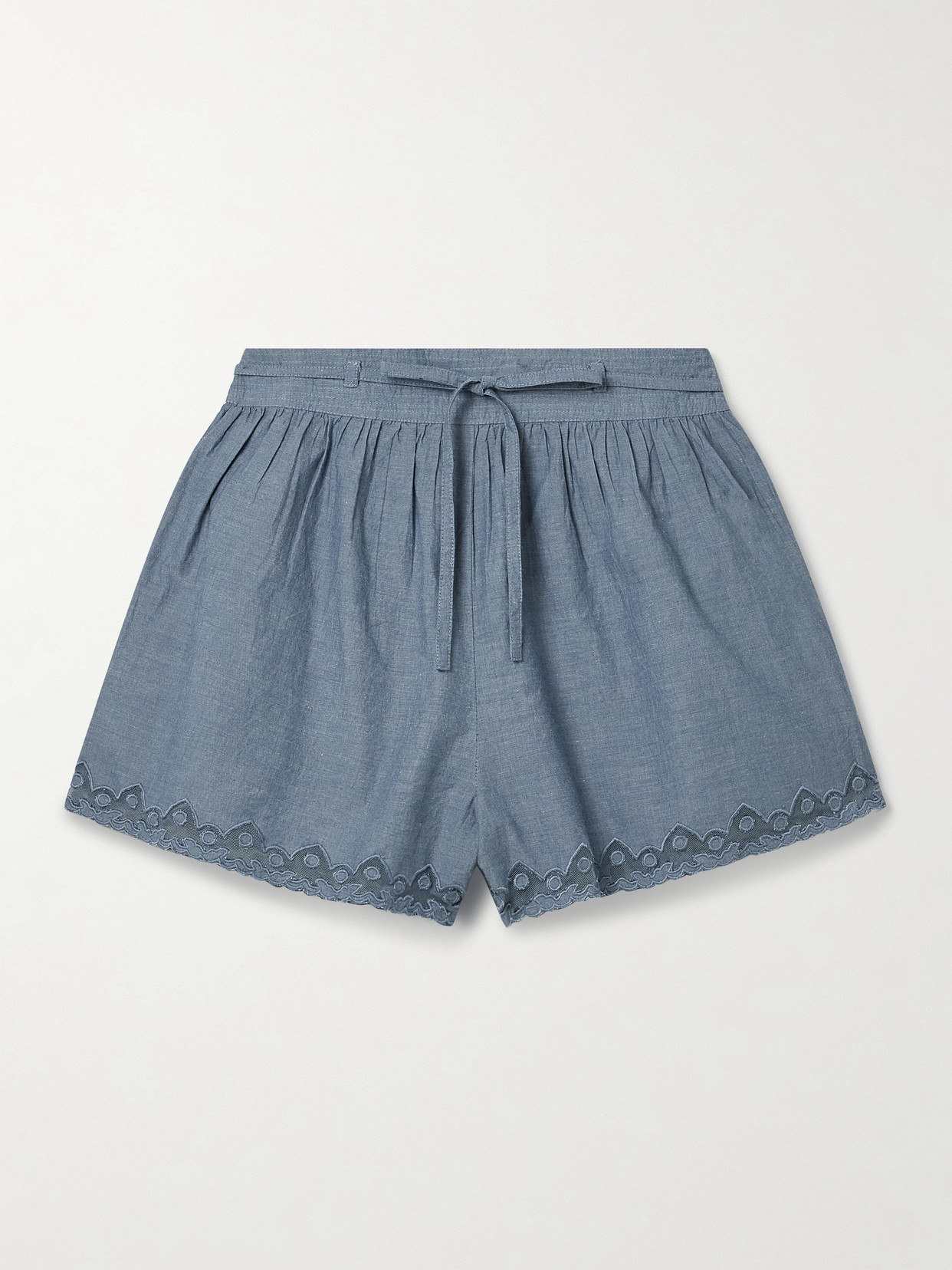 Ulla Johnson Elowen Belted Tulle-trimmed Embroidered Cotton-chambray Shorts In Blue