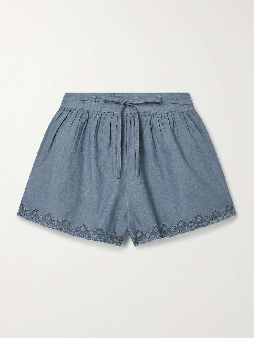 Ulla Johnson Elowen Belted Tulle-trimmed Embroidered Cotton-chambray Shorts