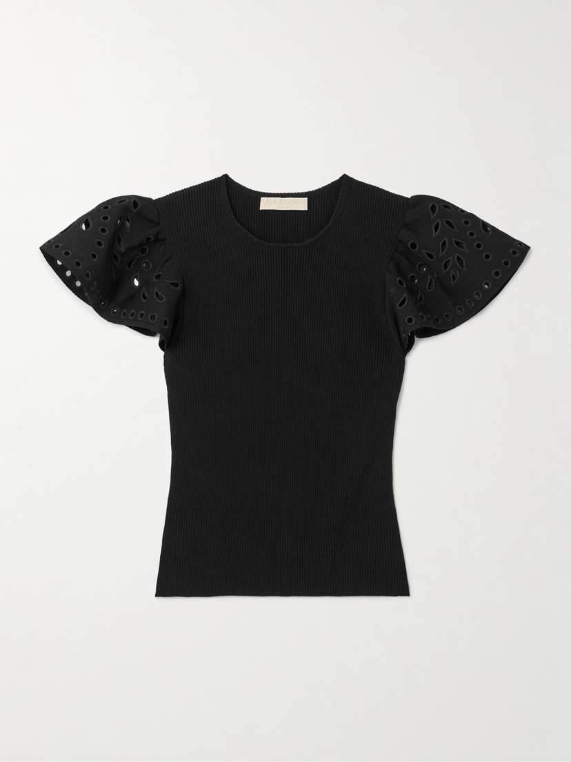 Ulla Johnson Edith Embroidered Ruffled Ribbed-knit Top