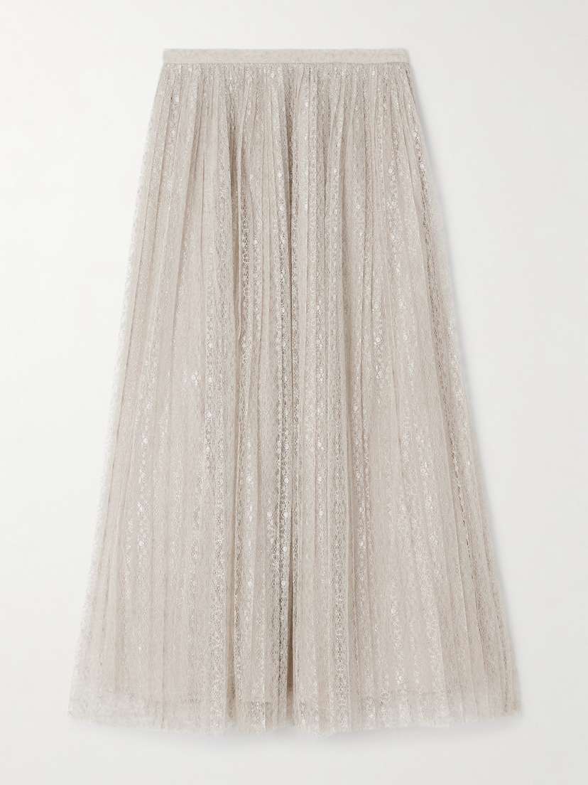 Ulla Johnson Maren Pleated Metallic Lace Midi Skirt