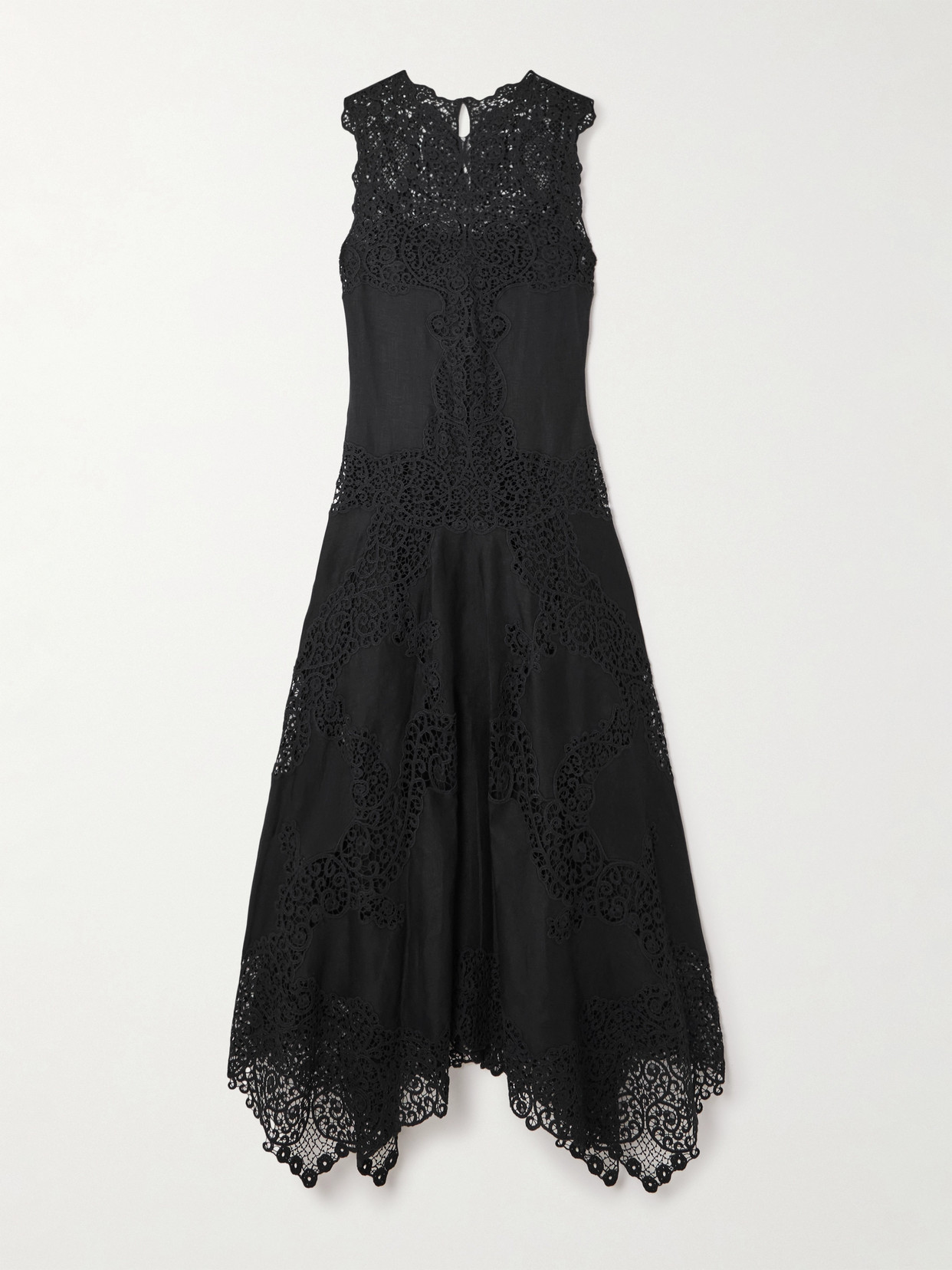 Ulla Johnson Arlette Asymmetric Guipure Lace-trimmed Linen Midi Dress In Black