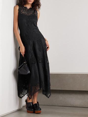 Ulla Johnson Arlette asymmetric guipure lace-trimmed linen midi dress