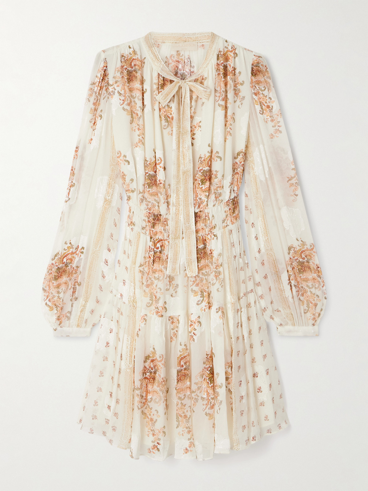 Ulla Johnson Maris Tie-neck Shirred Gathered Printed Silk-blend Crepon Mini Dress In Beige