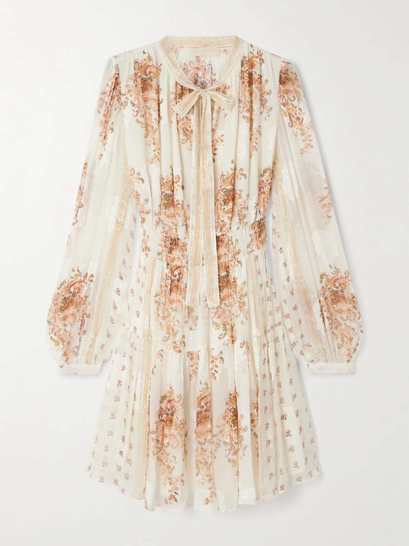 Ulla Johnson Maris Tie-neck Shirred Gathered Printed Silk-blend Crepon Mini Dress