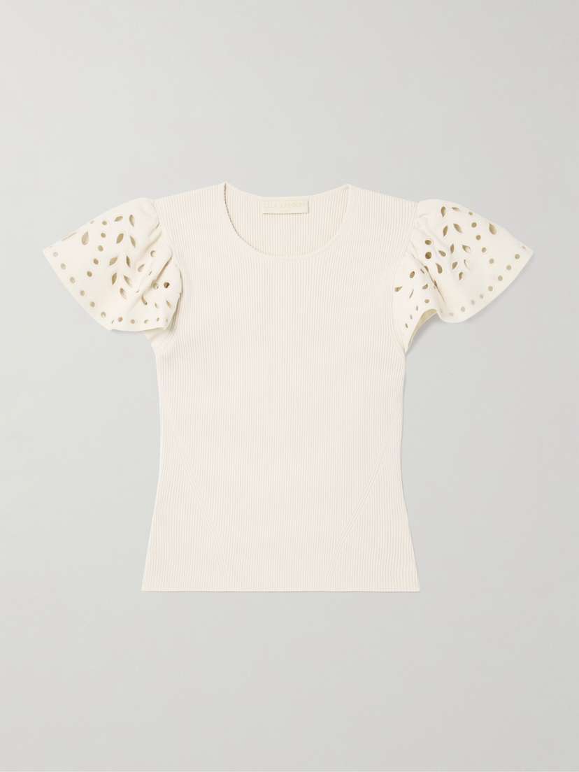 Ulla Johnson Edith Embroidered Ruffled Ribbed-knit Top