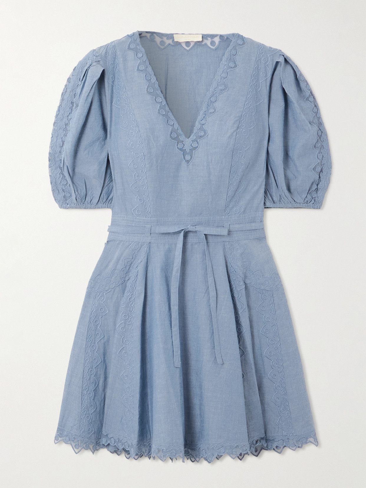 Ulla Johnson Camilla Belted Embroidered Tulle-trimmed Cotton-chambray Mini Dress In Blue