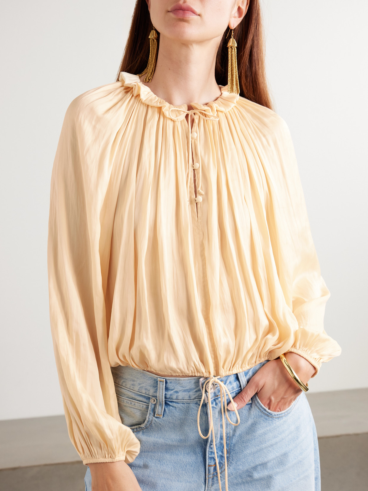 Laurette Gathered Washed-Satin Blouse
