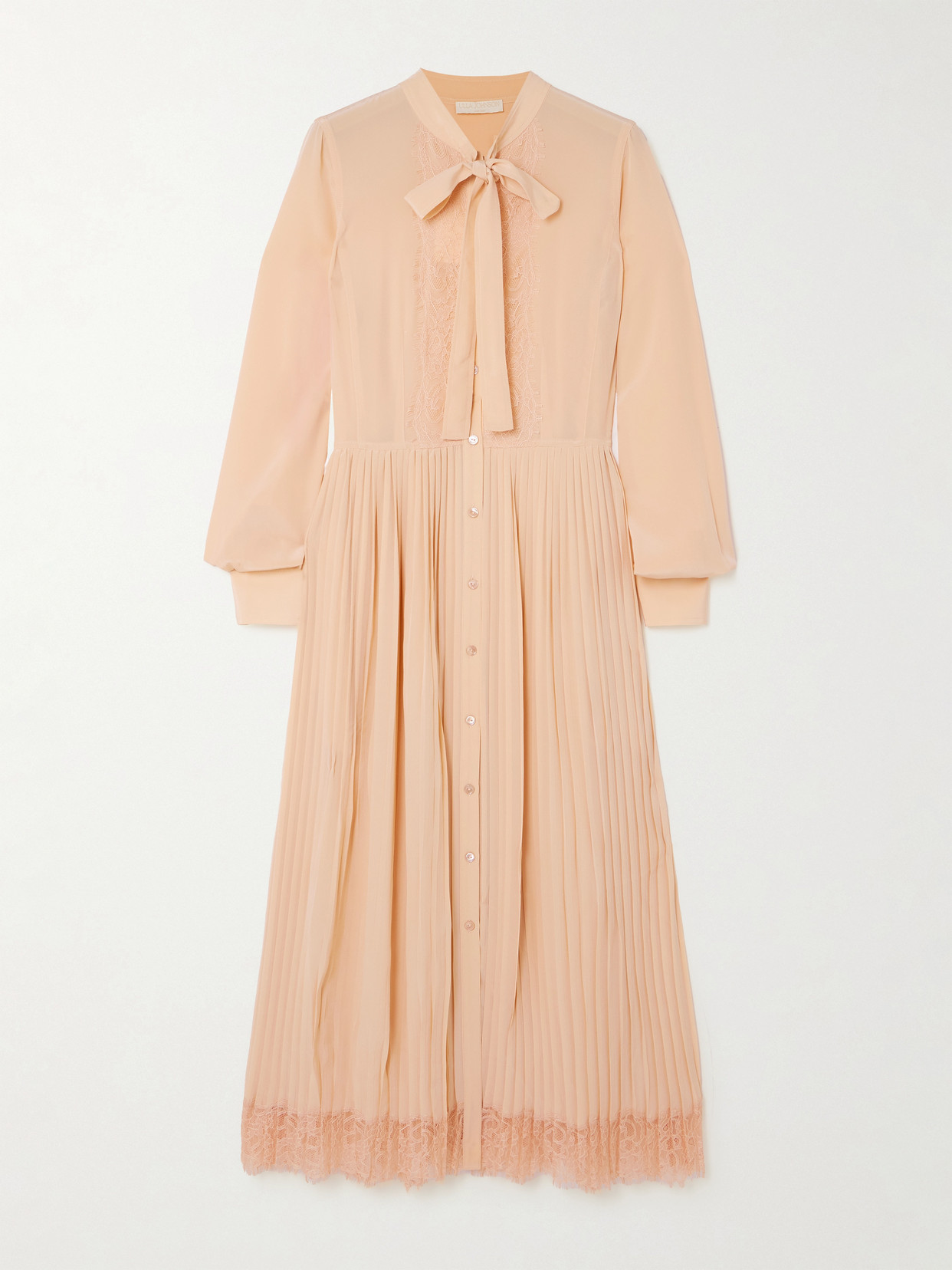 Ulla Johnson Aviana Pussy-bow Lace-trimmed Pleated Silk Crepe De Chine Dress