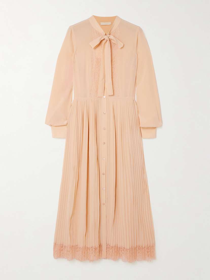 Ulla Johnson Aviana Pussy-bow Lace-trimmed Pleated Silk Crepe De Chine Dress