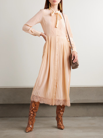 Ulla Johnson Aviana pussy-bow lace-trimmed pleated silk crepe de chine dress