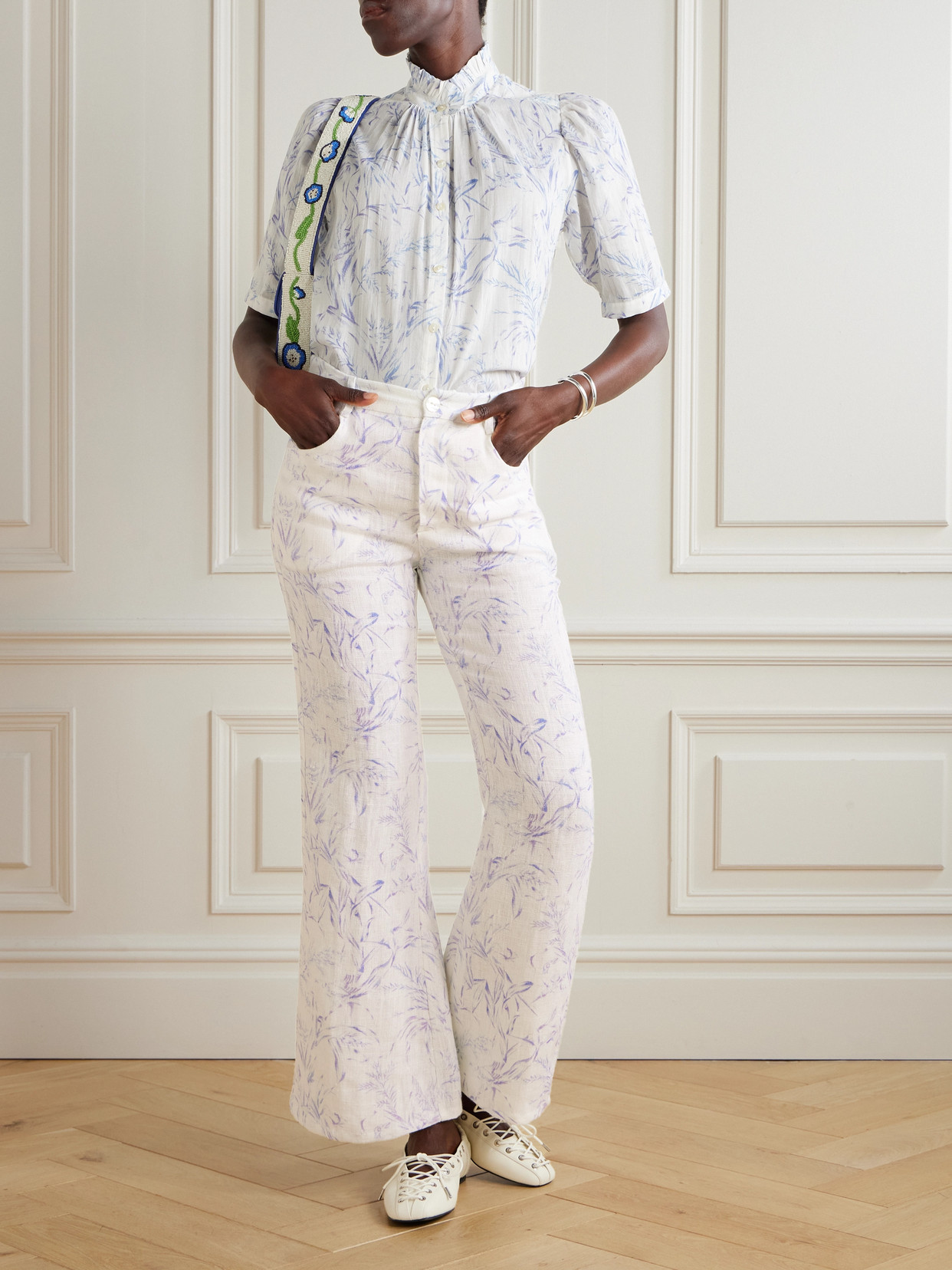 Alix Of Bohemia Bunny Avian Printed Linen-canvas Flared Pants In White