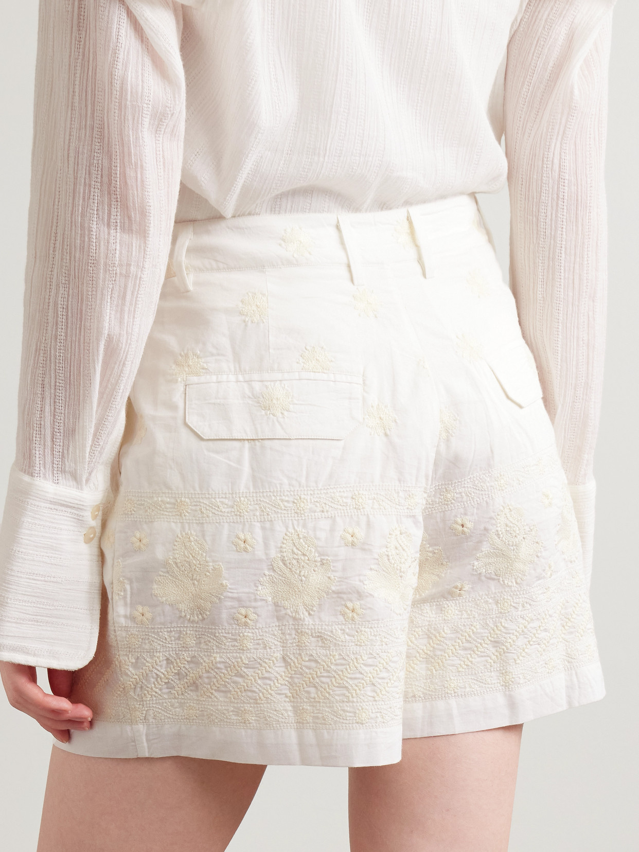 Alix Of Bohemia Deena Pleated Embroidered Cotton-voile Shorts In Neutral