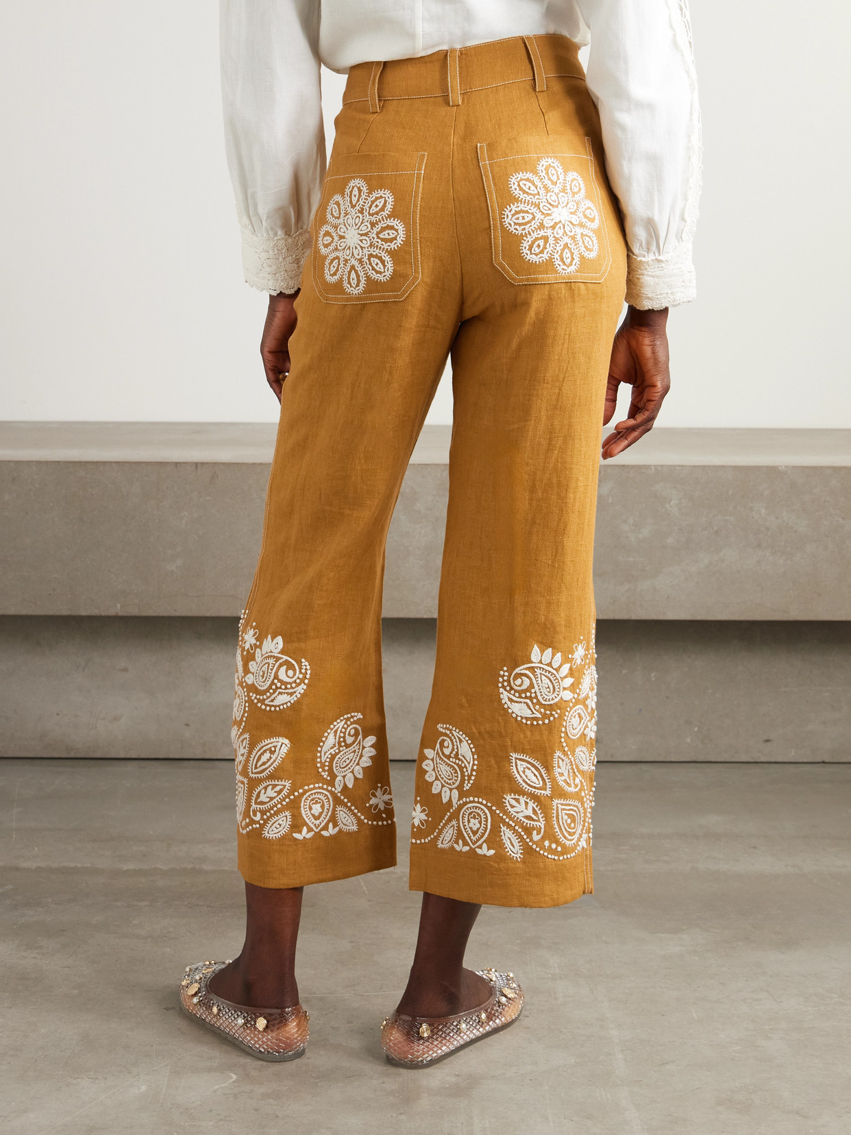 Alix Of Bohemia Paige Cropped Embroidered Linen Bootcut Pants